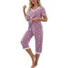 image:imagePrinStory Womens Pajama Set Short Sleeve Shirt and Capri Pants Sleepwear Pjs Sets with PocketsWhite Star Purple