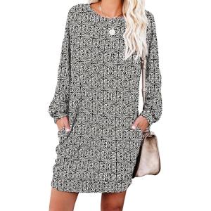 image:imagePrinStory Womens Casual Sweater Dresses Fall Winter Crewneck Loose Fit Pullover Tunic Dress with Side Pockets for Work S4XLA56black Wh Paper Cut