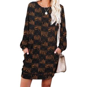 image:imagePrinStory Womens Casual Sweater Dresses Fall Winter Crewneck Loose Fit Pullover Tunic Dress with Side Pockets for Work S4XLA58bk Orange Ld Plaid