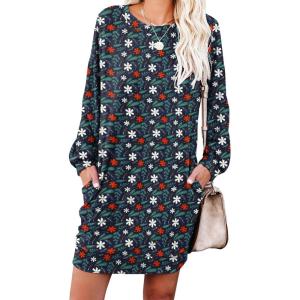 image:imagePrinStory Womens Casual Sweater Dresses Fall Winter Crewneck Loose Fit Pullover Tunic Dress with Side Pockets for Work S4XLA59blue Floral