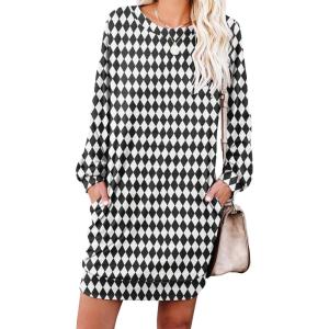 image:imagePrinStory Womens Casual Sweater Dresses Fall Winter Crewneck Loose Fit Pullover Tunic Dress with Side Pockets for Work S4XLA65black White Rhomboid