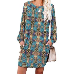 image:imagePrinStory Womens Casual Sweater Dresses Fall Winter Crewneck Loose Fit Pullover Tunic Dress with Side Pockets for Work S4XLA67color Blue Paisley