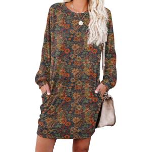 image:imagePrinStory Womens Casual Sweater Dresses Fall Winter Crewneck Loose Fit Pullover Tunic Dress with Side Pockets for Work S4XLB03fp Cashew Navy