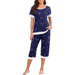 image:imagePrinStory Womens Pajama Set Short Sleeve Shirt and Capri Pants Sleepwear Pjs Sets Lounge SetFpblue Star Sign