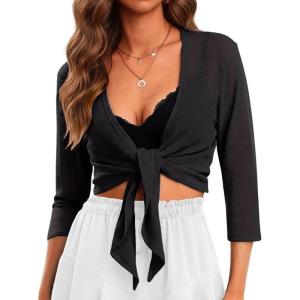 image:imagePrinStory Womens Tie Front Cropped Cardigan Summer 34 Sleeve Bolero Shrug for Sleeveless Dress Beach Cover Up Tops S4XL0 Black