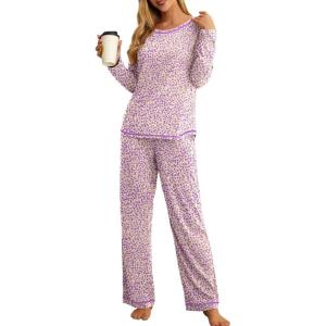 image:imagePrinStory Womens Pajama Set 2026 Lounge Sets Long Sleeve Sleepwear Soft 2 Piece Pjs with PocketsBeige Purple