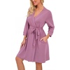 image:imagePrinStory Robes for Women Short Knit Bathrobe S2XL  34 Sleeve Bathrobes with Pockets Stretchy and Lightweight Fabric Inner Tie and Fixed Outer Belt Mid Thigh LengthLight Purple Red