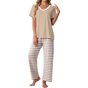 image:imagePrinStory Pajamas for Women Set Soft Pjs 2 Piece Pajama Sets XS4XL  Pj Set Short Sleeve Top and Pant with Pockets Lounge SetBreathable and Stretchy FabricSoft SleepwearKhaki Stripe