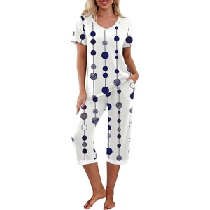 image:imagePrinStory Womens Pajama Sets Capri Pjs Soft Lounge Sets S4XL  Short Sleeve Shirt and Capri Pants with Pockets Breathable and Stretchy Fabric 2 Piece Pajama Soft SleepwearFpdot Vertical Line