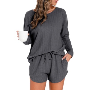 image:imagePrinStory Pajamas Set for Women Waffle Knit Lounge Sets S4XL  Long Sleeve Top and Shorts with Pockets Breathable and Stretchy Waffle Fabric Lounging Running Workout or TravelingDark Grey