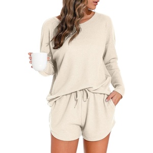 image:imagePrinStory Pajamas Set for Women Waffle Knit Lounge Sets S4XL  Long Sleeve Top and Shorts with Pockets Breathable and Stretchy Waffle Fabric Lounging Running Workout or TravelingOatmeal
