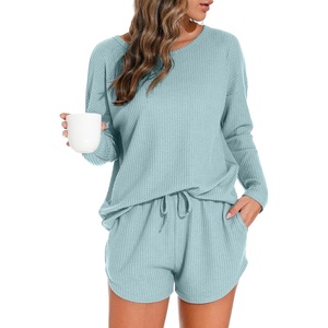 image:imagePrinStory Pajamas Set for Women Waffle Knit Lounge Sets S4XL  Long Sleeve Top and Shorts with Pockets Breathable and Stretchy Waffle Fabric Lounging Running Workout or TravelingBlue Green