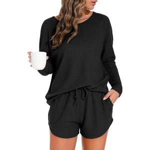 image:imagePrinStory Pajamas Set for Women Waffle Knit Lounge Sets S4XL  Long Sleeve Top and Shorts with Pockets Breathable and Stretchy Waffle Fabric Lounging Running Workout or TravelingBlack