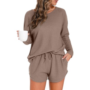 image:imagePrinStory Pajamas Set for Women Waffle Knit Lounge Sets S4XL  Long Sleeve Top and Shorts with Pockets Breathable and Stretchy Waffle Fabric Lounging Running Workout or TravelingKhaki