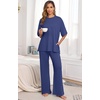 image:imagePrinStory Pajamas for Women Soft Pjs Lounge Set S4XL  Short Sleeve Tops and Long Pants 2 Piece Stretchy Pjs Set with Pockets for Sleep Home Travel Vacation Maternity NursingNavy Blue