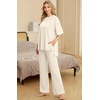 image:imagePrinStory Pajamas for Women Soft Pjs Lounge Set S4XL  Short Sleeve Tops and Long Pants 2 Piece Stretchy Pjs Set with Pockets for Sleep Home Travel Vacation Maternity NursingBeige