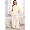 image:imagePrinStory Pajamas for Women Soft Pjs Lounge Set S4XL  Short Sleeve Tops and Long Pants 2 Piece Stretchy Pjs Set with Pockets for Sleep Home Travel Vacation Maternity NursingBeige