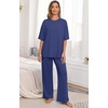 image:imagePrinStory Pajamas for Women Soft Pjs Lounge Set S4XL  Short Sleeve Tops and Long Pants 2 Piece Stretchy Pjs Set with Pockets for Sleep Home Travel Vacation Maternity NursingNavy Blue