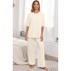 image:imagePrinStory Pajamas for Women Soft Pjs Lounge Set S4XL  Short Sleeve Tops and Long Pants 2 Piece Stretchy Pjs Set with Pockets for Sleep Home Travel Vacation Maternity NursingBeige