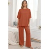 image:imagePrinStory Pajamas for Women Soft Pjs Lounge Set S4XL  Short Sleeve Tops and Long Pants 2 Piece Stretchy Pjs Set with Pockets for Sleep Home Travel Vacation Maternity NursingCaramel