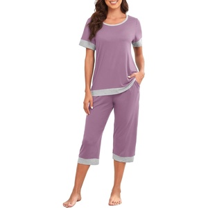 image:imagePrinStory Pajamas for Women Set Capri Pjs Soft Lounge Sets S4XL  Short Sleeve Shirt and Capri Pants with Pockets Breathable and Stretchy Fabric 2 Piece Summer Pajamas Soft SleepwearPurple Red