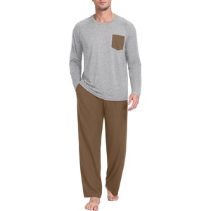image:imageMens Pajamas Set Shirt and Pants Relaxed Fit Soft Fall Loungewear SleepwearBrown Light Gray