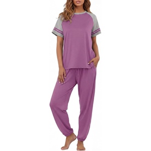 image:imagePrinStory Womens Pajama Sets Raglan Short Sleeve Top and Jogger Pants PjsPurple Red