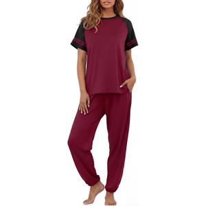 image:imagePrinStory Womens Pajama Sets Raglan Short Sleeve Top and Jogger Pants PjsWine Red