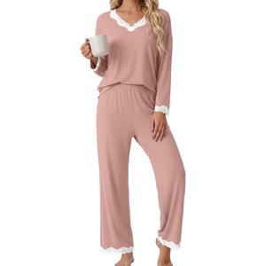 image:imagePrinStory Womens Pajamas Sets 2 Piece V Neck Pj Set with Lace TrimDusty Pink