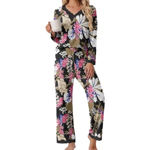 image:imagePrinStory Womens Pajamas Sets 2 Piece V Neck Pj Set with Lace TrimFpbig Leaf Pink