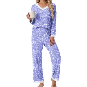image:imagePrinStory Womens Pajamas Sets 2 Piece V Neck Pj Set with Lace TrimFpspeckled Blue