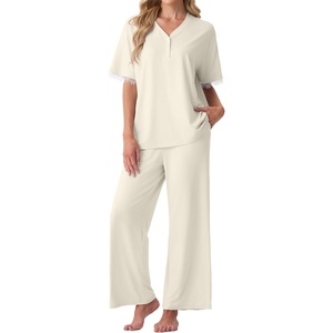 image:imagePrinStory Womens Short Sleeve Pajamas Lace Pjs SetBeige Apricot