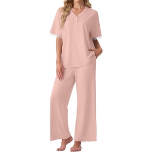 image:imagePrinStory Womens Short Sleeve Pajamas Lace Pjs SetDusty Pink