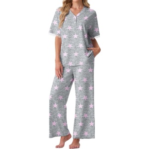 image:imagePrinStory Womens Short Sleeve Pajamas Lace Pjs SetFppink Star
