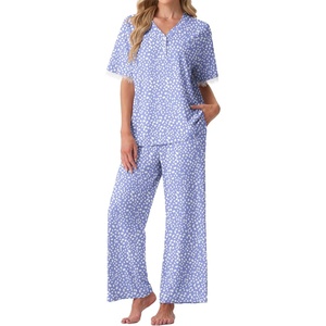 image:imagePrinStory Womens Short Sleeve Pajamas Lace Pjs SetFpspeckled Blue