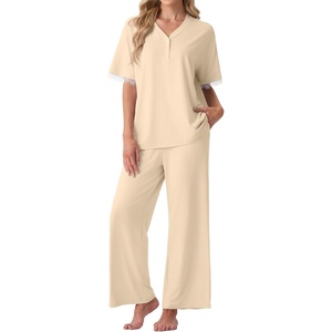 image:imagePrinStory Womens Short Sleeve Pajamas Lace Pjs SetLight Apricot