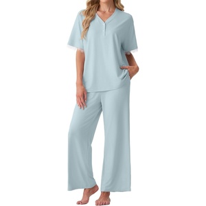image:imagePrinStory Womens Short Sleeve Pajamas Lace Pjs SetLight Blue
