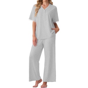image:imagePrinStory Womens Short Sleeve Pajamas Lace Pjs SetLight Gray