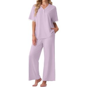 image:imagePrinStory Womens Short Sleeve Pajamas Lace Pjs SetLight Purple