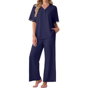 image:imagePrinStory Womens Short Sleeve Pajamas Lace Pjs SetNavy Blue