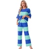 image:imagePrinStory Womens Pajama Sets Striped Pajama Set with PocketsFpblue Green Stripe