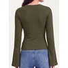 image:imageWomens Bell Long Sleeve Crop Cinched Waist Ribbed Knit Going Out Tops 2026Army Green