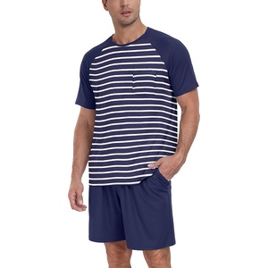 image:imageMens Pajamas Set Short Sleeve Raglan Shirts and Shorts Lounge Sleepwear02dark Blue Stripe