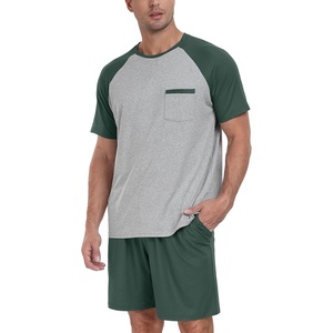 image:imageMens Pajamas Set Short Sleeve Raglan Shirts and Shorts Lounge Sleepwear02green