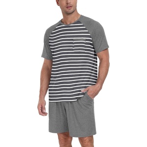 image:imageMens Pajamas Set Short Sleeve Raglan Shirts and Shorts Lounge Sleepwear03dark Gray Stripe