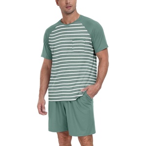 image:imageMens Pajamas Set Short Sleeve Raglan Shirts and Shorts Lounge Sleepwear04green Green Stripe
