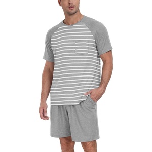 image:imageMens Pajamas Set Short Sleeve Raglan Shirts and Shorts Lounge Sleepwear05light Gray Stripe