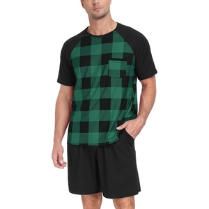 image:imageMens Pajamas Set Short Sleeve Raglan Shirts and Shorts Lounge Sleepwear09black Green Gird