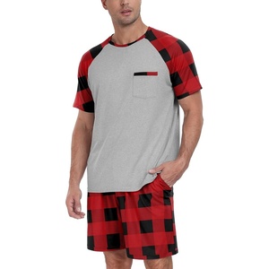 image:imageMens Pajamas Set Short Sleeve Raglan Shirts and Shorts Lounge Sleepwear15red Plaid Gray