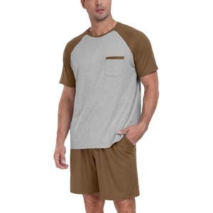 image:imageMens Pajamas Set Short Sleeve Raglan Shirts and Shorts Lounge Sleepwear55brown
